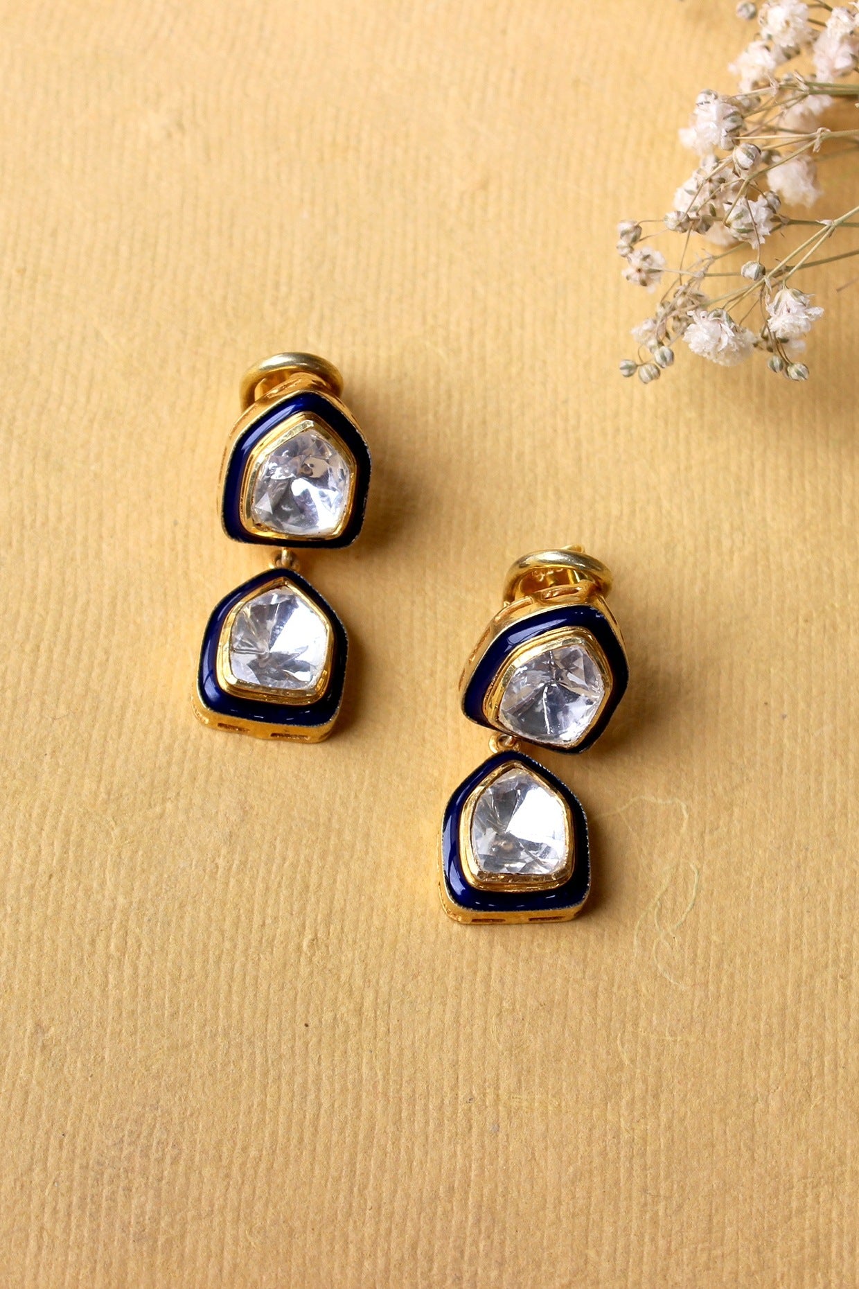 Gold Plated Moissanite Polki & Semi-Precious Stone Dangler Earrings In Sterling Silver