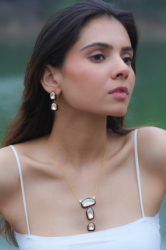 Gold Plated Moissanite Polki & Semi-Precious Stone Necklace Set In Sterling Silver