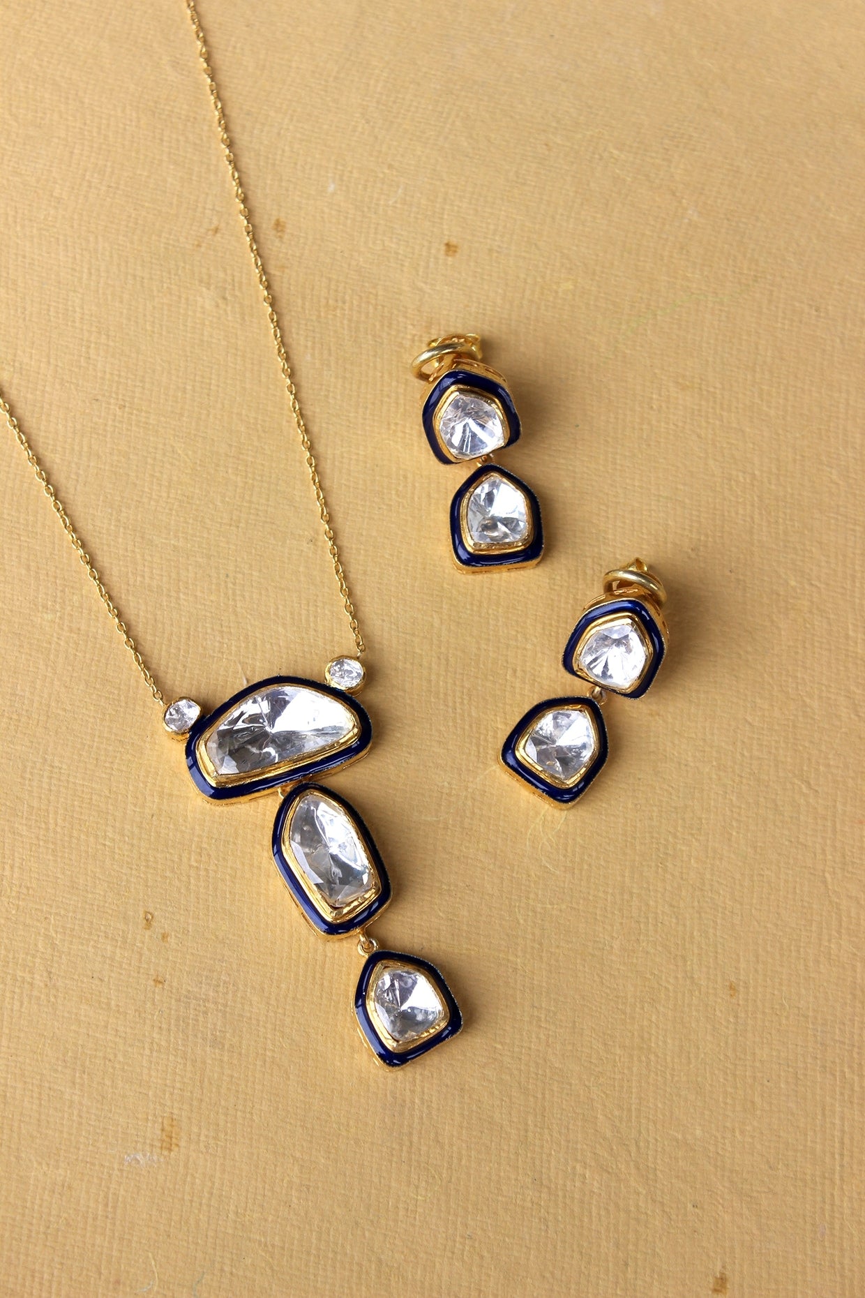 Gold Plated Moissanite Polki & Semi-Precious Stone Necklace Set In Sterling Silver