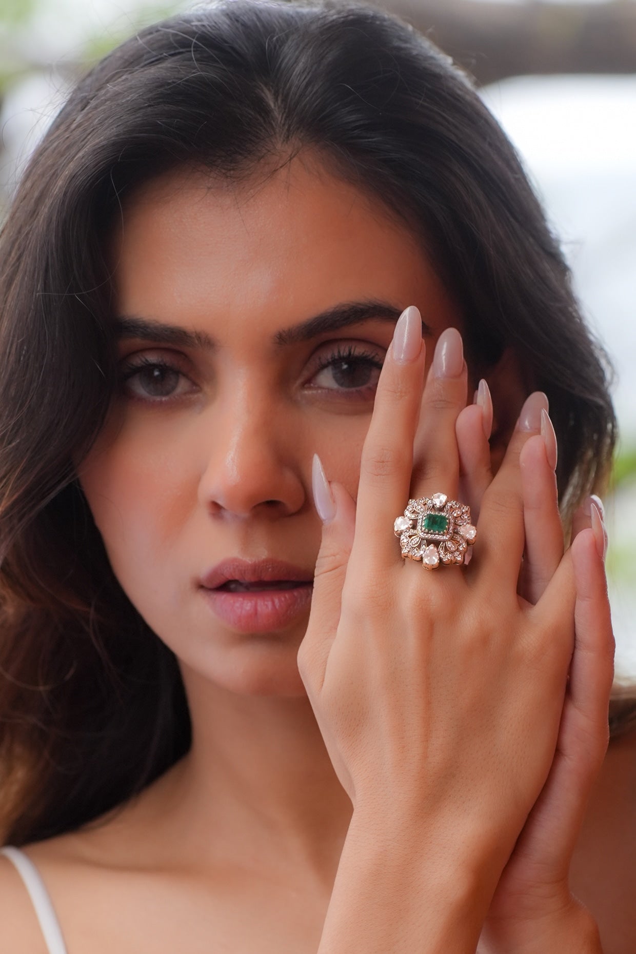 Gold Plated Moissanite Polki & Semi-Precious Stone Handcrafted Ring In Sterling Silver