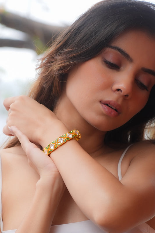 Gold Plated Moissanite Polki & Semi-Precious Stone Handcrafted Bangle In Sterling Silver