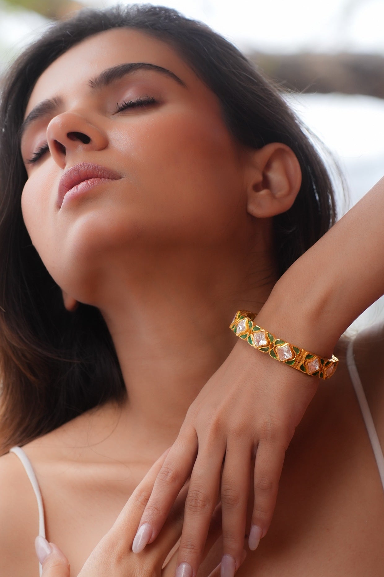 Gold Plated Moissanite Polki & Semi-Precious Stone Handcrafted Bangle In Sterling Silver