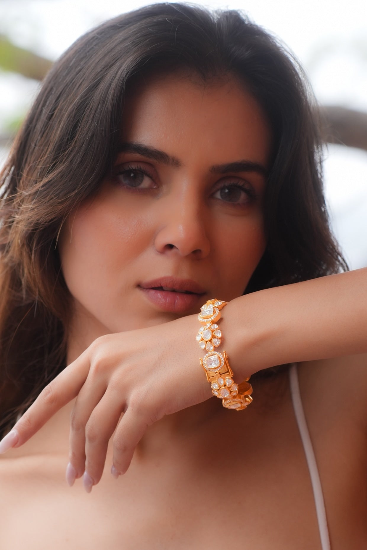 Gold Plated Moissanite Polki & Semi-Precious Stone Handcrafted Bangle In Sterling Silver