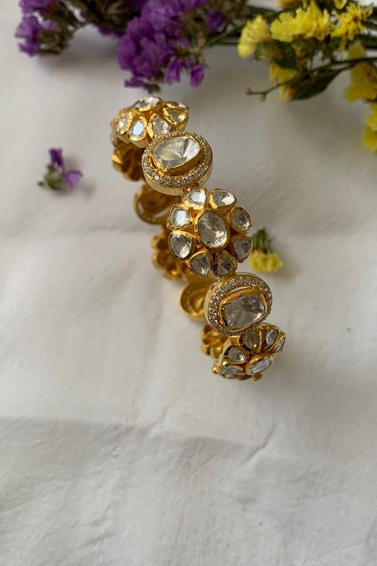 Gold Plated Moissanite Polki & Semi-Precious Stone Handcrafted Bangle In Sterling Silver