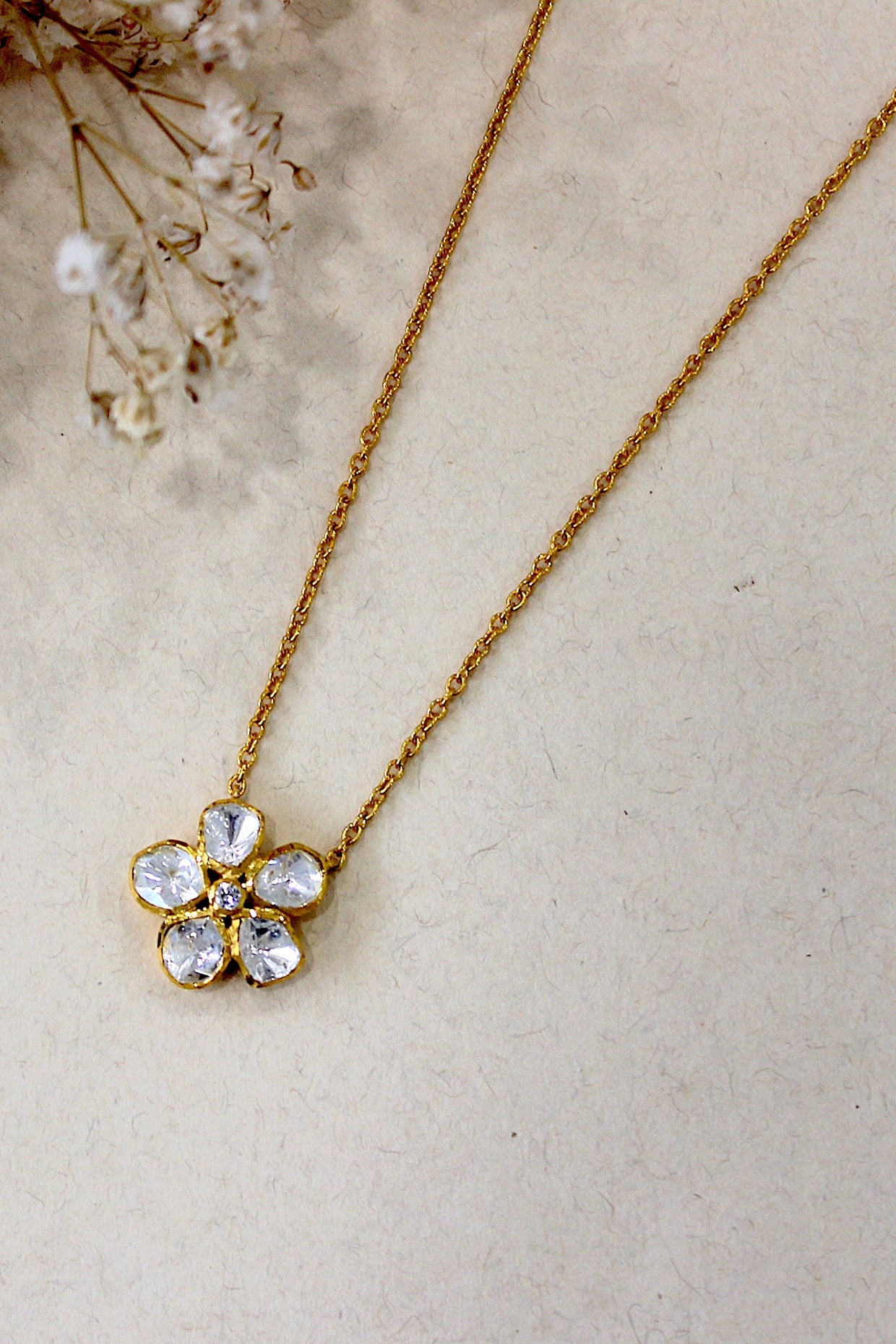 Gold Plated Moissanite Polki & Semi-Precious Stone Necklace In Sterling Silver