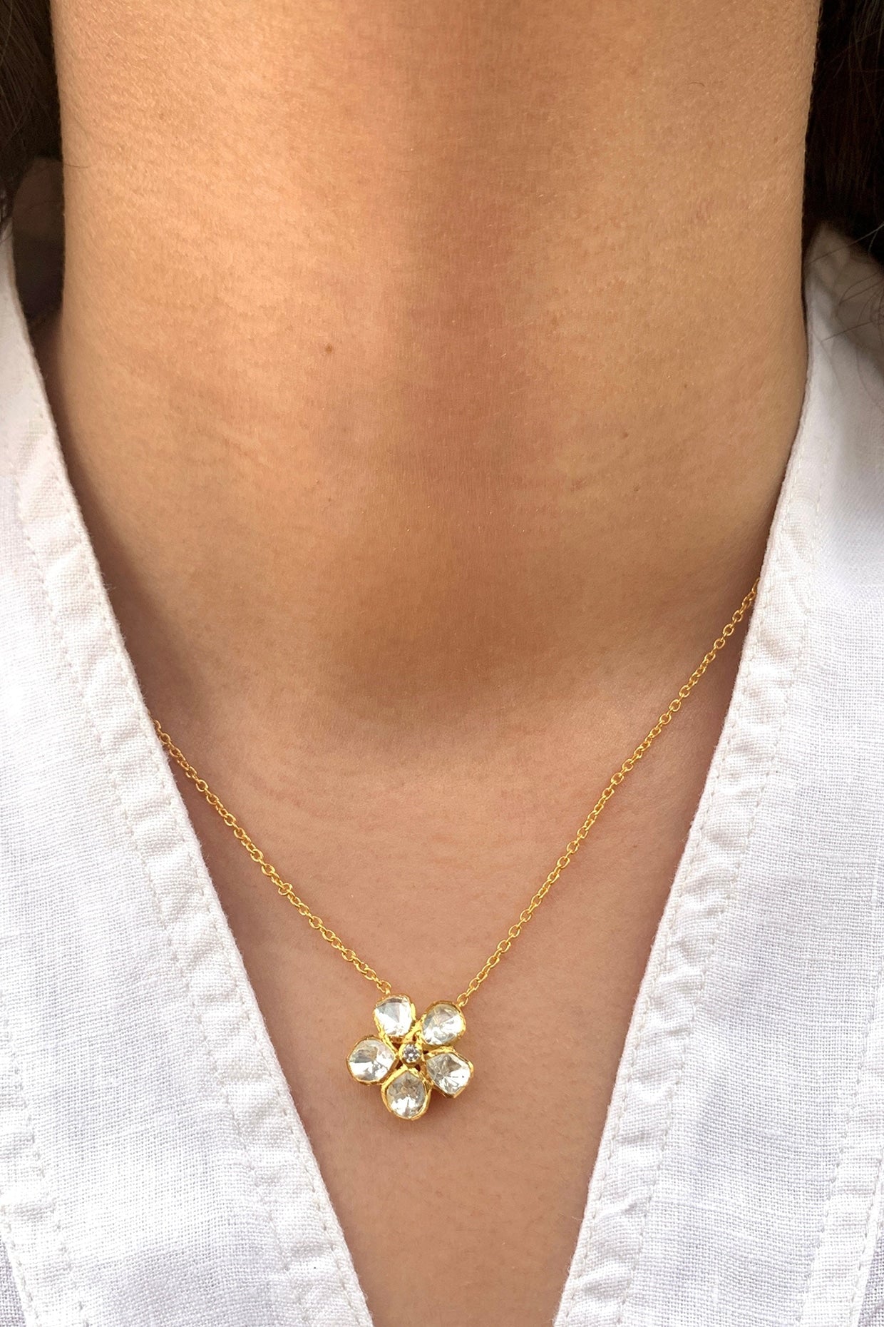 Gold Plated Moissanite Polki & Semi-Precious Stone Necklace In Sterling Silver