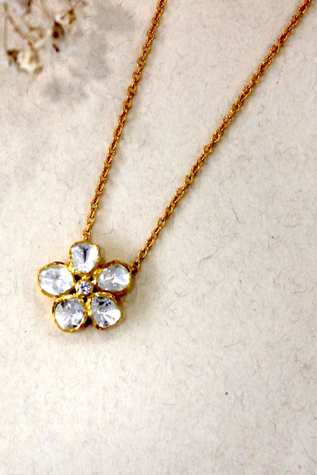 Gold Plated Moissanite Polki & Semi-Precious Stone Necklace In Sterling Silver