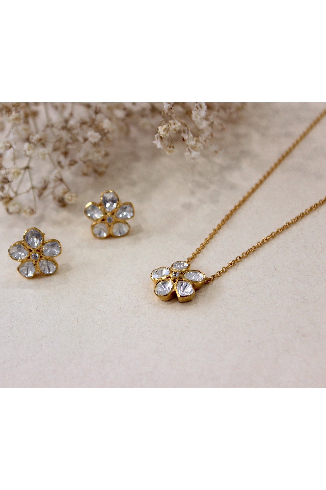 Gold Plated Moissanite Polki & Semi-Precious Stone Necklace Set In Sterling Silver