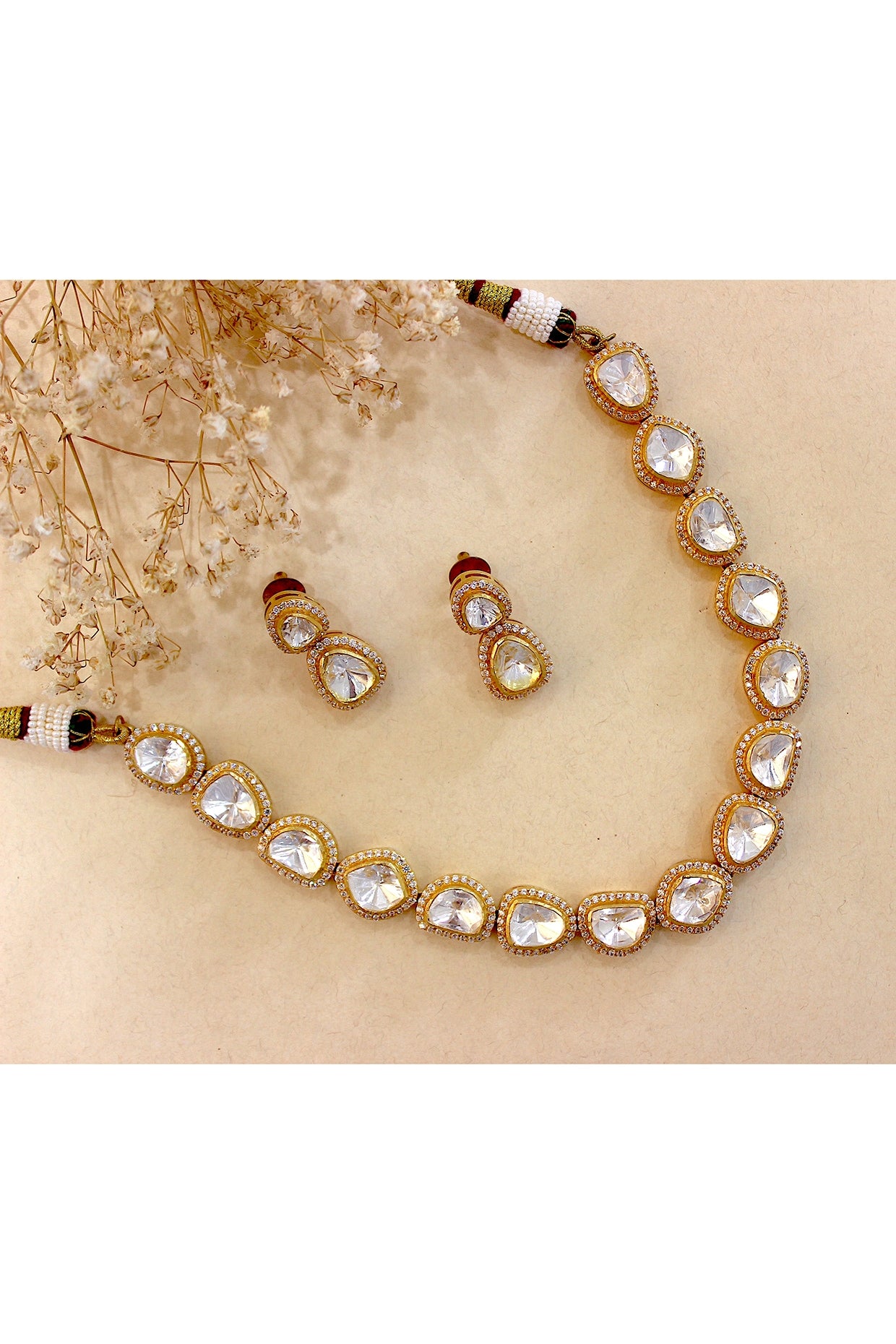 Gold Plated Moissanite Polki & Semi-Precious Stone Choker Necklace Set In Sterling Silver