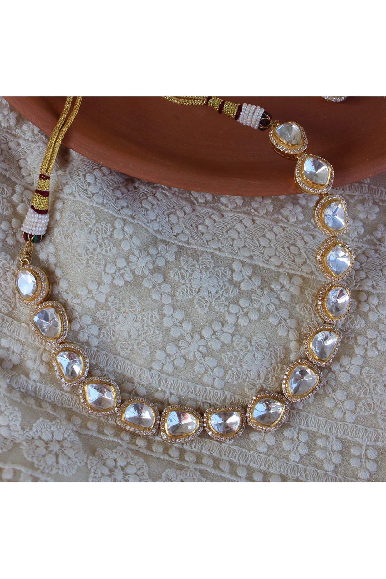 Gold Plated Moissanite Polki & Semi-Precious Stone Choker Necklace Set In Sterling Silver