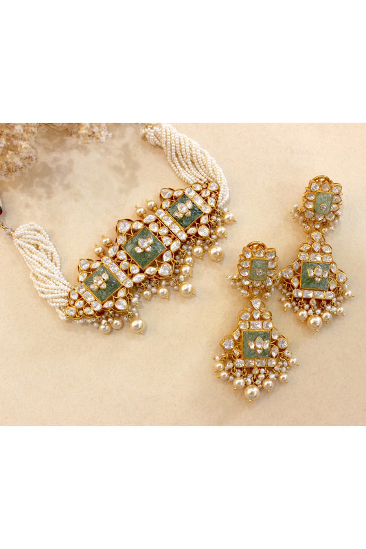 Gold Plated Moissanite Polki & Semi-Precious Stone Necklace Set In Sterling Silver