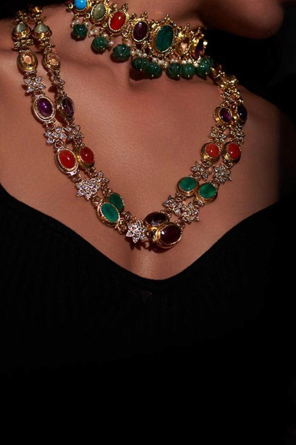 Gold Plated Jadau Kundan Polki & Multi-Colored Stone Long Necklace Set