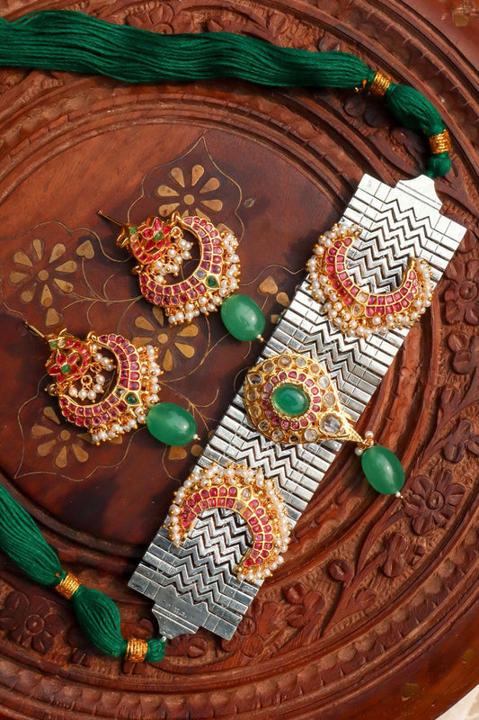 Gold Plated Jadau Kundan Polki & Green Stone Choker Necklace Set