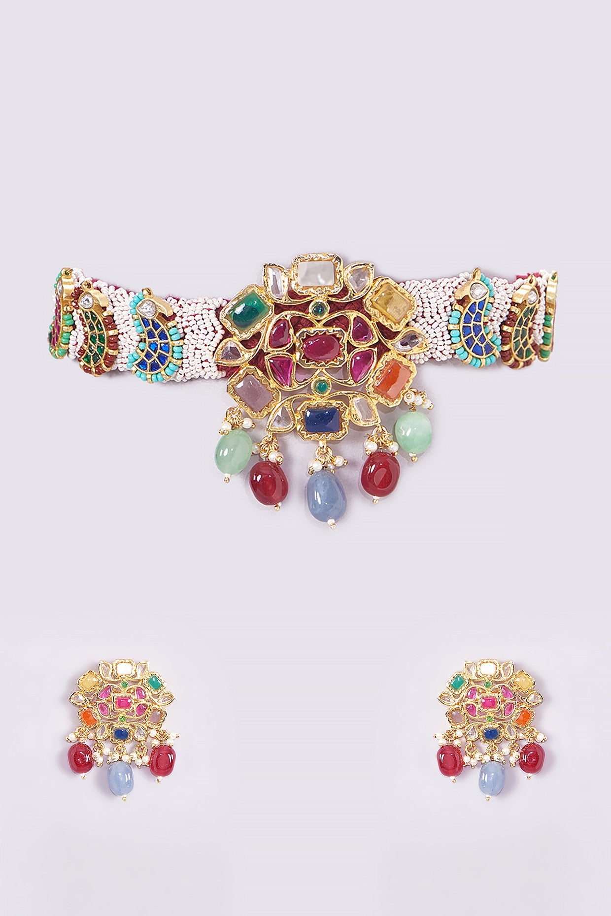 Gold Finish Kundan Polki & Multi-Colored Stone Necklace Set