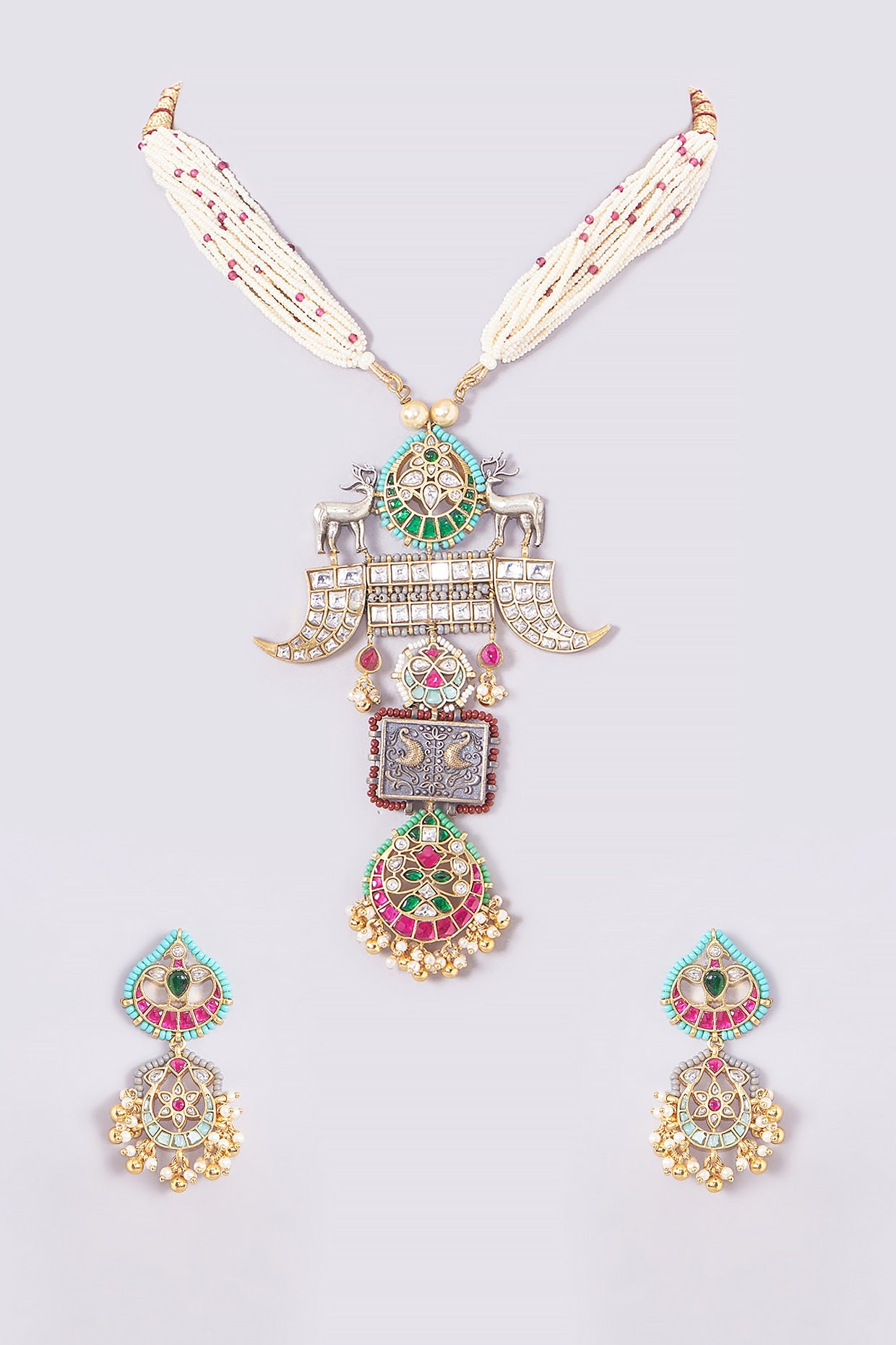 Gold Finish Kundan Polki & Multi-Colored Stone Necklace Set