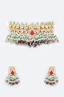 Gold Finish Ruby & Emerald Choker Necklace Set