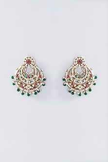Gold Finish Kundan Polki & Green Beaded Chandbali Earrings