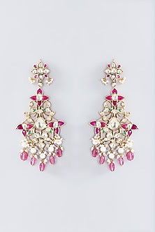 Gold Finish Multi-Colored Kundan Polki Chandbali Earrings