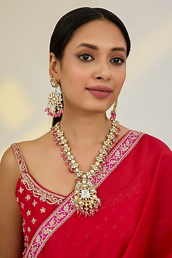 Gold Finish Kundan Polki & Pink Tourmaline Long Necklace Set