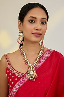 Gold Finish Kundan Polki & Pink Tourmaline Long Necklace Set