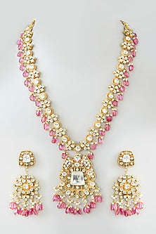 Gold Finish Kundan Polki & Pink Tourmaline Long Necklace Set