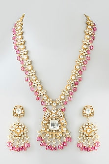 Gold Finish Kundan Polki & Pink Tourmaline Long Necklace Set