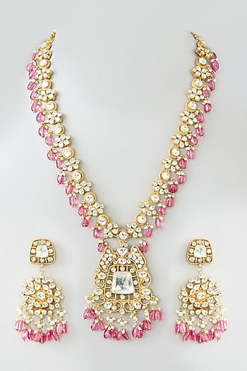 Gold Finish Kundan Polki & Pink Tourmaline Long Necklace Set