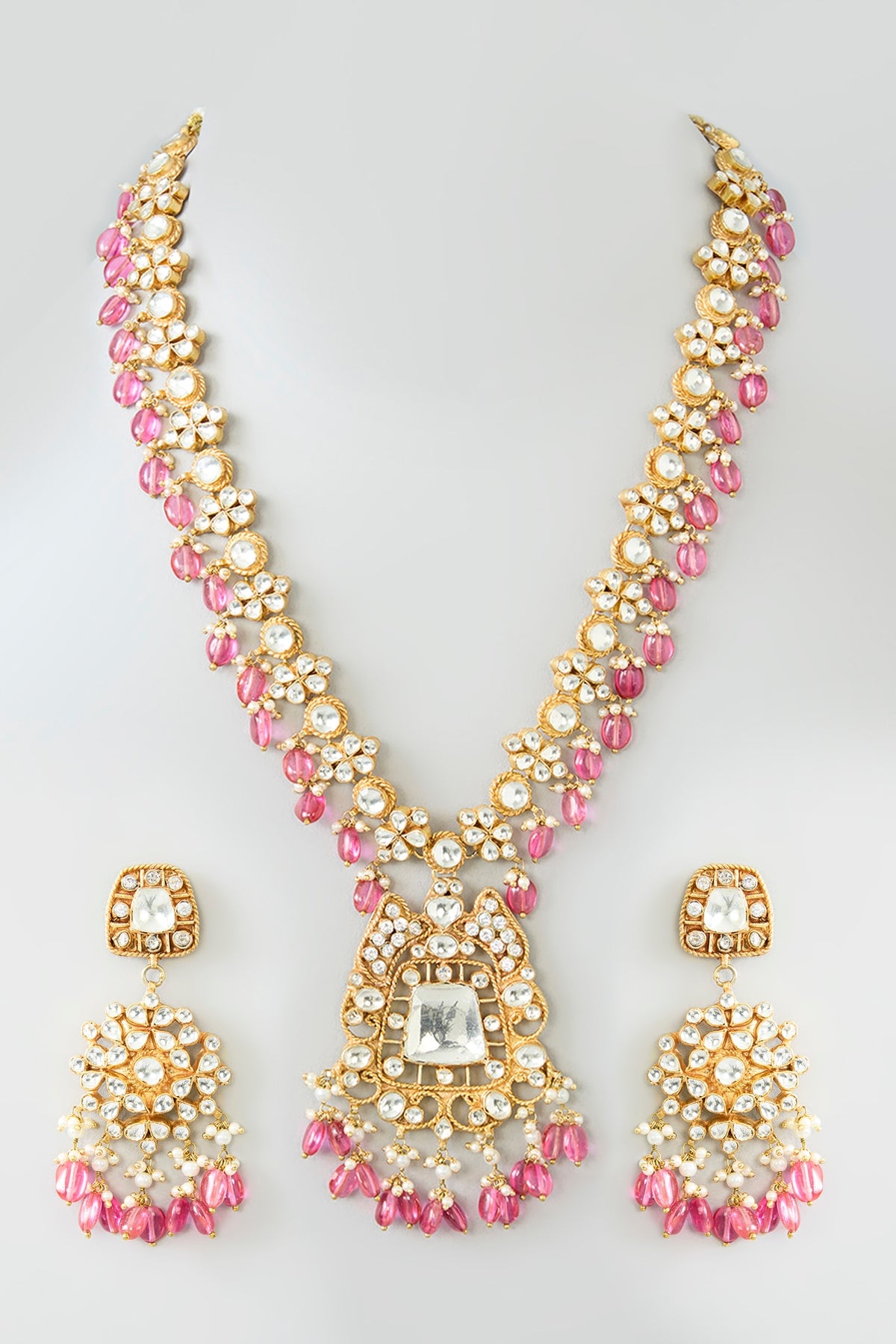 Gold Finish Kundan Polki & Pink Tourmaline Long Necklace Set