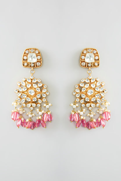 Gold Finish Kundan Polki & Pink Tourmaline Long Necklace Set
