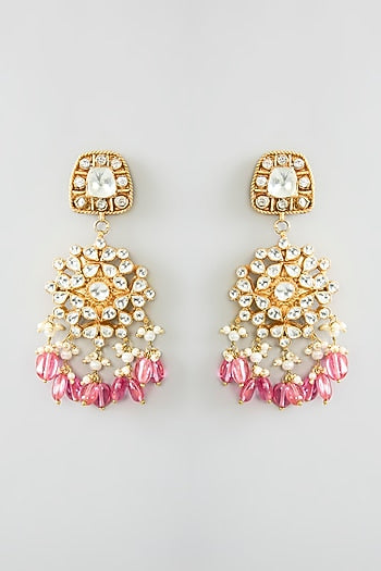 Gold Finish Kundan Polki & Pink Tourmaline Long Necklace Set