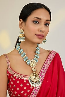 Gold Finish Kundan Polki & Blue Pearl Long Pendant Necklace Set