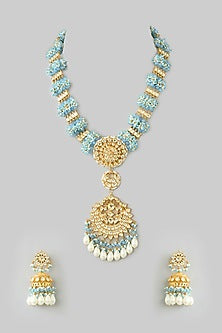 Gold Finish Kundan Polki & Blue Pearl Long Pendant Necklace Set