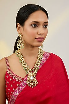 Gold Finish Kundan Polki & Green Beaded Long Necklace Set