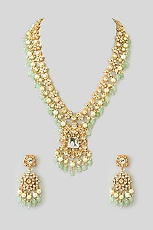 Gold Finish Kundan Polki & Green Beaded Long Necklace Set