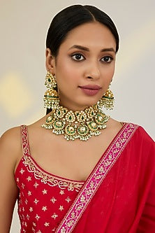 Gold Finish Kundan Polki & Pearl Beaded Choker Necklace Set