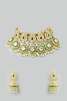Gold Finish Kundan Polki & Pearl Beaded Choker Necklace Set