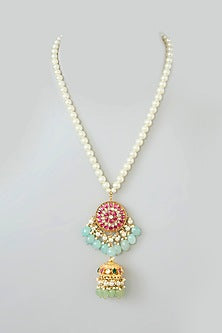 Gold Finish Kundan Polki & Pearl String Pendant Necklace