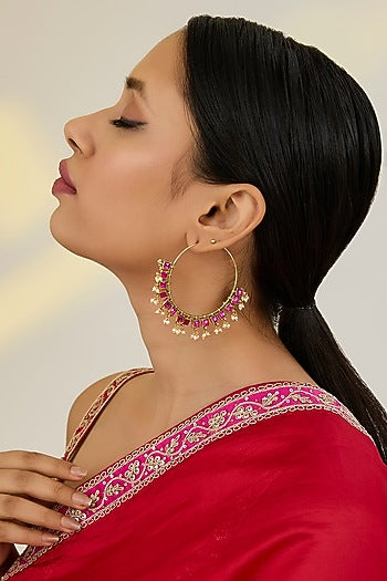 Gold Finish Kundan Polki & Pearl Beaded Chandbali Earrings