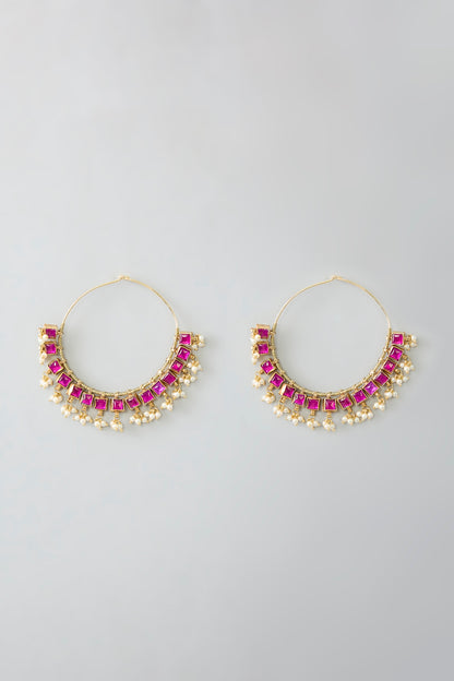 Gold Finish Kundan Polki & Pearl Beaded Chandbali Earrings