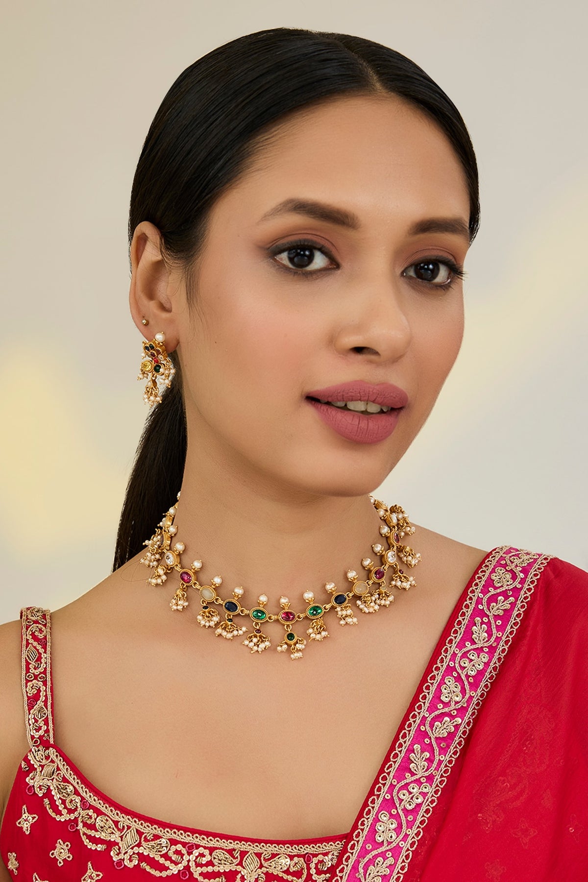 Gold Finish Kundan Polki & Navratna Stone Necklace Set
