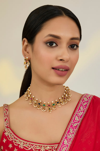 Gold Finish Kundan Polki & Navratna Stone Necklace Set