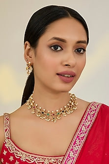 Gold Finish Kundan Polki & Navratna Stone Necklace Set