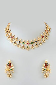 Gold Finish Kundan Polki & Navratna Stone Necklace Set