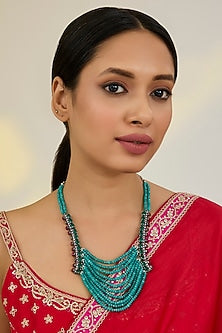 White Finish Ruby & Blue Beaded Long Necklace