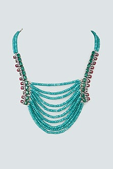 White Finish Ruby & Blue Beaded Long Necklace