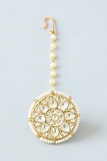 Gold Finish Kundan Polki & Pearl Borla Maangtikka