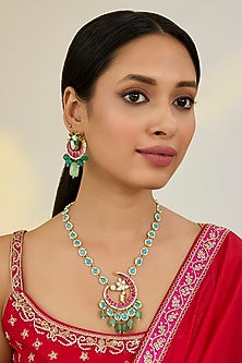 Gold Finish Kundan Polki & Green Tumble Beaded Long Pendant Necklace Set
