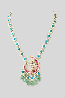 Gold Finish Kundan Polki & Green Tumble Beaded Long Pendant Necklace Set
