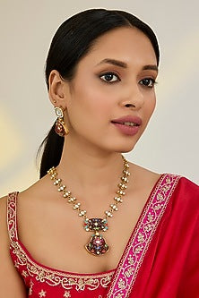 Gold Finish Kundan Polki & Multi-Colored Stone Long Pendant Necklace Set