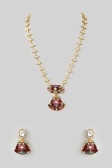 Gold Finish Kundan Polki & Multi-Colored Stone Long Pendant Necklace Set
